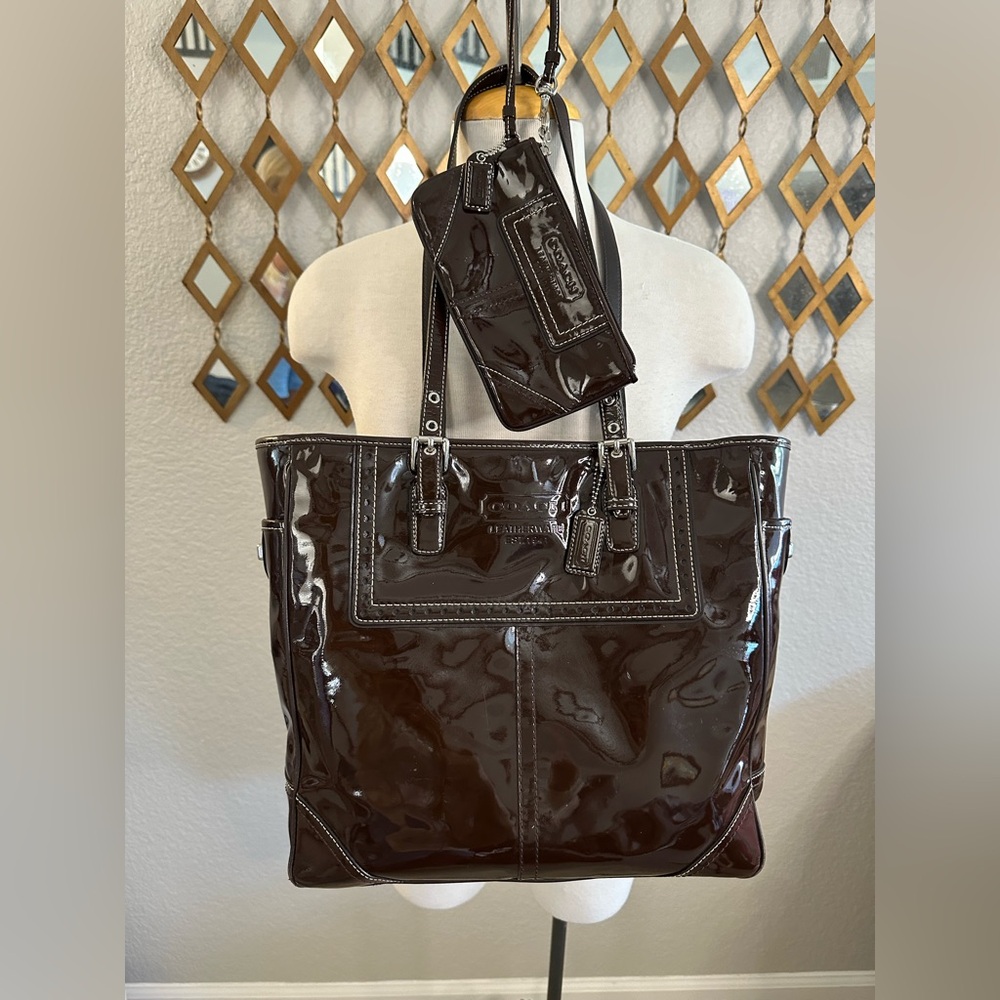 Coach Glossy Chocolate Patent Leather Tote with Matching Wristlet.